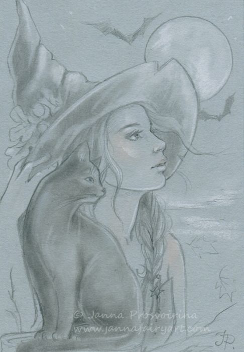 Witch and Black Cat by Janna Prosvirina
